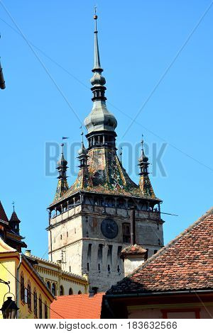 Tower. Medieval city Sighisoara. Urban landscape in the downtown of the medieval city Sighisoara, Transylvania.