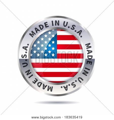 Glossy metal badge icon, made in USA with flag