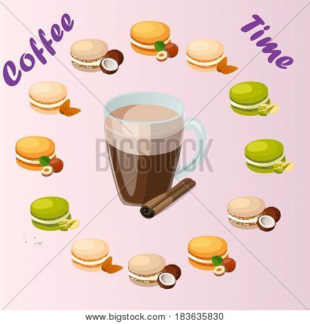 Very high quality original trendy vector illustration cup of cinamon coffee and macaroons cookie with different taste