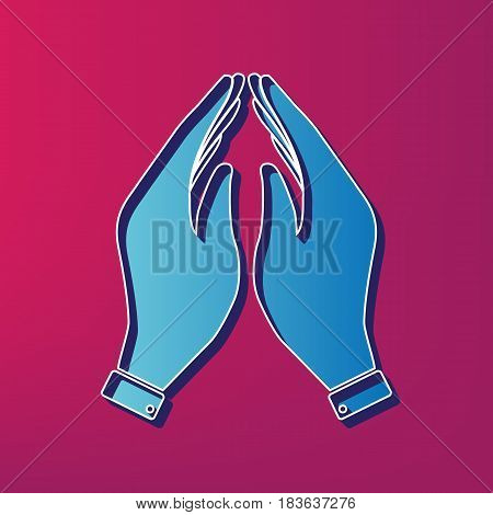 Hand icon illustration. Prayer symbol. Vector. Blue 3d printed icon on magenta background.