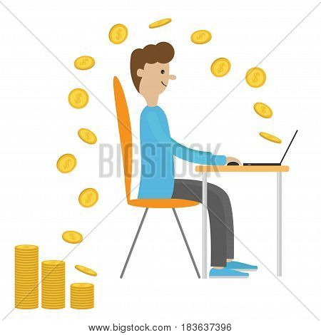Profile man with laptop. Computer work. Sitting boy Chair table. Flying coin. Earning money. Office worker. Cute cartoon character. Workplase concept. Flat design. Isolated. White background. Vector
