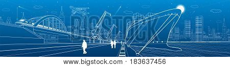 Transportation and industrial panorama. Cargo ship loading, boats on the water, sea harbor. Train move on railway bridge. Airplane fly. People walking. Infrastructure illustration. Vector design art