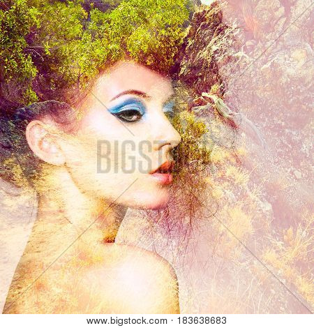 Portrait of beautiful woman with elegant hairstyle. Fashion photo. Double exposure portrait of woman combined with photograph of nature