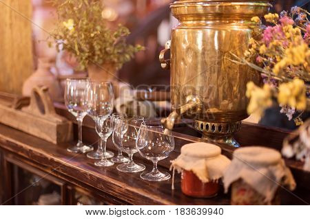 Unique ethnic restaurant interior. Traditional design. Ukrainian rural style and decorations. Europe, Ukraine.