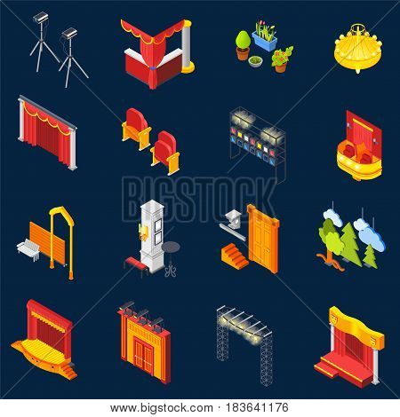Theatre isometric icons set on blue background isolated vector illustration