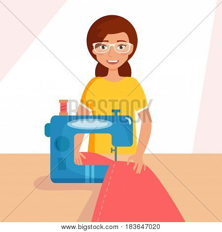 Woman seamstress work on sewing machine. Isolated art on white background. Vector. Cartoon. Flat.