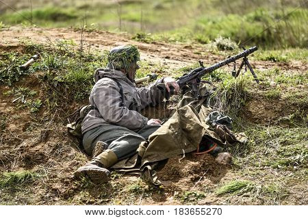 Rosowek Poland april 23 2017: Historical reconstruction battle for Stettin in 1945 Red army against Wehrmacht in Rosowek.
