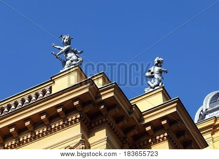 ZAGREB, CROATIA - MAY 14: Heruvim sculpture on the roof of National Theater in Zagreb, Croatia on May 14, 2011.
