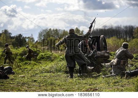 Rosowek Poland april 23 2017: Historical reconstruction battle for Stettin in 1945 Red army against Wehrmacht in Rosowek.