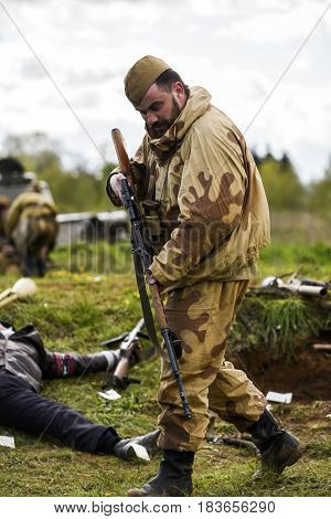 Rosowek Poland april 23 2017: Historical reconstruction battle for Stettin in 1945 Red army against Wehrmacht in Rosowek.
