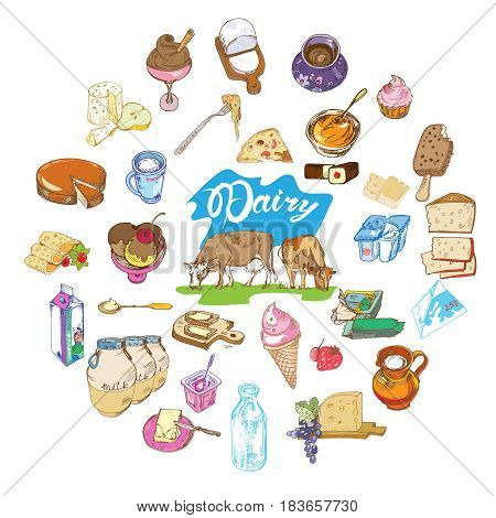 Colorful drawing farm elements round concept with fresh organic dairy and milk products isolated vector illustration