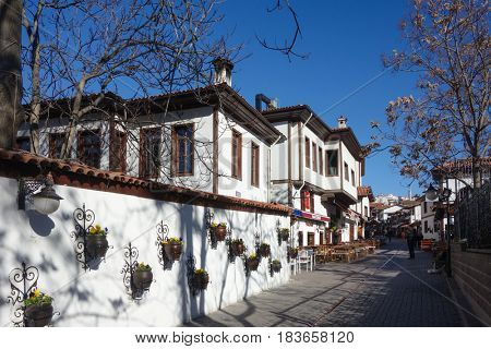 ANKARA, TURKEY - APRIL 02, 2017: The Ottoman style street in Hamamonu District during spring. Recently renovated Hamamonu is the new tourist magnet in Ankara
