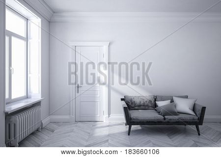 Classic white scandinavian interior with black sofa, wooden floor, door and window. 3d render illustration.