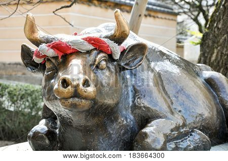 Fukuoka Japan -December 16 2009: The statue of the holy ox at Dazaifu Tenmangu entrance