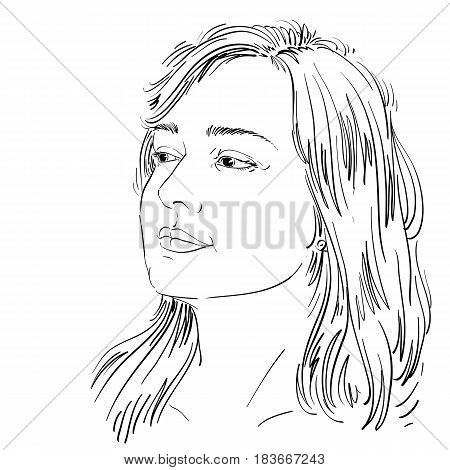 Vector portrait of attractive pensive woman thinking about something illustration of good-looking female. Person emotional face expression.