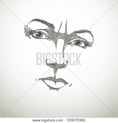 Monochrome hand-drawn portrait of white-skin doubtful woman face features and emotions theme illustration. Angry lady with wrinkles on her forehead posing on white background.