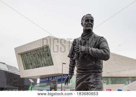 Liverpool, England - April 3, 2017: View of the Museum of Liverpool and statue of the Capitain Frederic John Walker in the Pier Head.The officer was a anti-submarine warfare commander in World War II.