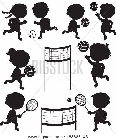 Eight sport black icons. Children playing tennis soccer and volley ball.