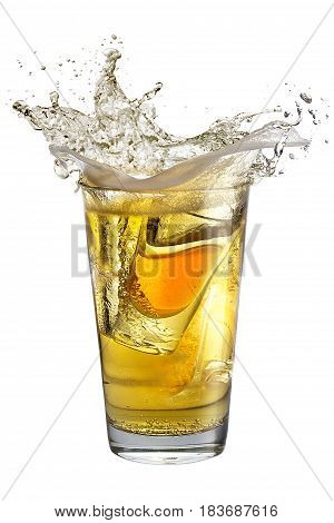 A Shot Glass Filled With Alcohol, Placed Inside A Glass With Beer. Splash