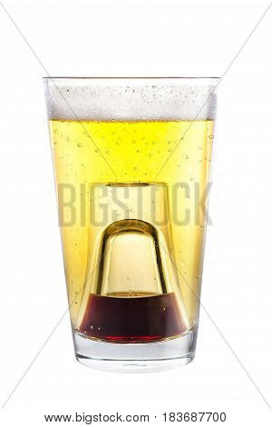 A Shot Glass Filled With Alcohol, Placed Inside A Glass With Beer