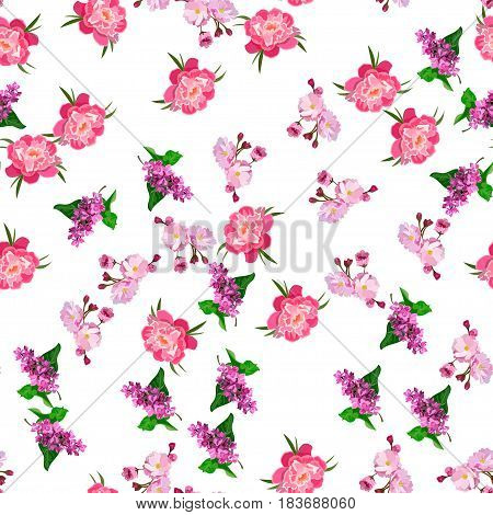 Very high quality original trendy vector seamless pattern with blooming lilac and peony flower. Spring or summer design