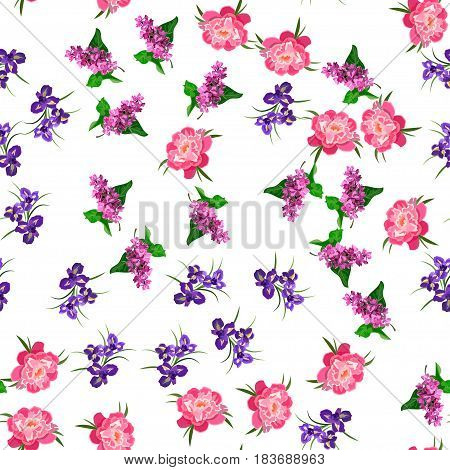 Very high quality original trendy vector seamless pattern with blooming lilac, peony and iris flower. Spring or summer design