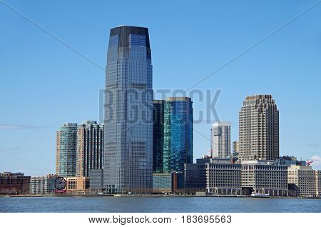 NEW YORK CITY- April 2: View of Exchange Place in Jersey City, New Jersey. Viewed from Battery Park NYC. April 2, 2017.