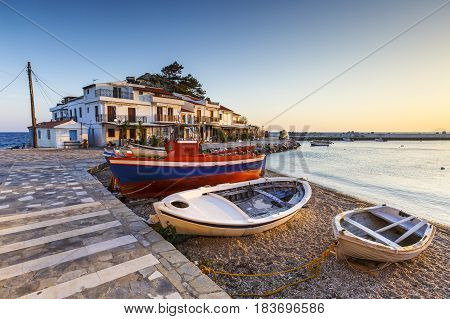 Boats in the harbour of Kokkari village on Samos island, Greece.