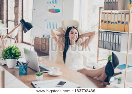 Weekend Is Coming! Young Secretary Is Resting With Closed Eyes At Her Work Place In The Office. She