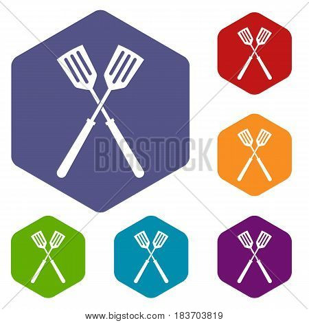 Two metal spatulas icons set hexagon isolated vector illustration