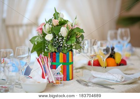 Wedding Decoration Table With Flowers And Raindows