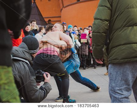 Russia. Moscow. Red Square. February 26, 2017. mass brawl of hooligans and fans in the center of Moscow. Street Fight