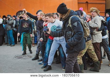 Russia. Moscow. Red Square. February 26, 2017. mass brawl of hooligans and fans in the center of Moscow