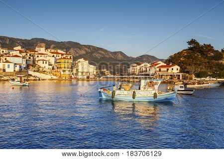 KOKKARI, GREECE - MARCH 24, 2017: Kokkari village on Samos island, Greece on March 24, 2017.
