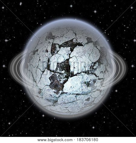 Unknown celestial body with frozen surface.Gray, white, black and blue abstract planet with silver ring and cracked surface