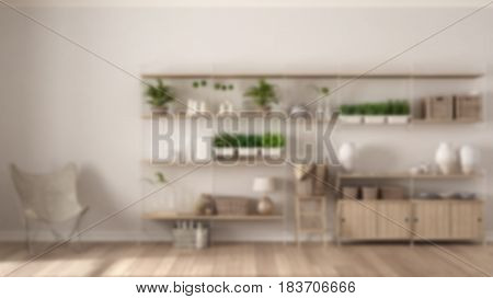 Blur background interior design eco interior design with wooden bookshelf vertical garden storage shelving living lounge relax area with armchairs, 3d illustration