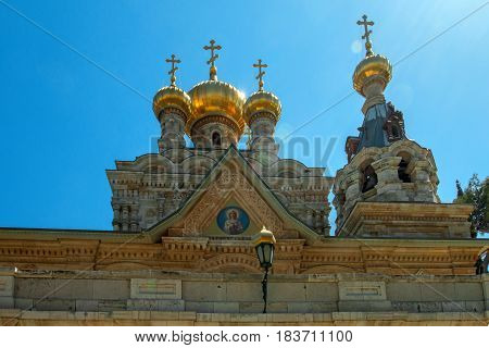 The Church of Mary Magdalene is a Russian Orthodox church located on the Mount of Olives, near the Garden of Gethsemane in Jerusalem