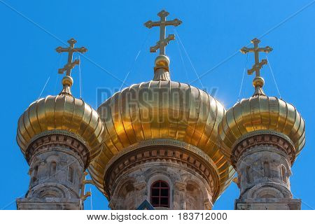 The Church of Mary Magdalene is a Russian Orthodox church located on the Mount of Olives, near the Garden of Gethsemane in Jerusalem