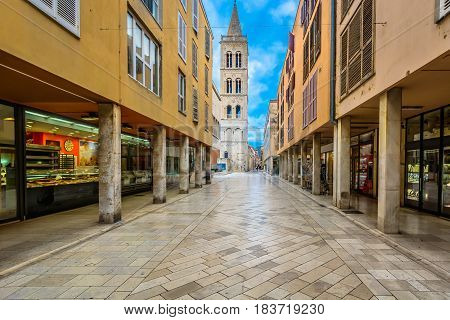Scenic view at famous Kalelarga street in city center of town Zadar, Croatia.