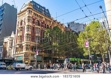 Melbourne City Life. People Crossing Collins Street