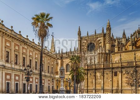 View of Seville Cathedral with General Archive of the Indies Spain