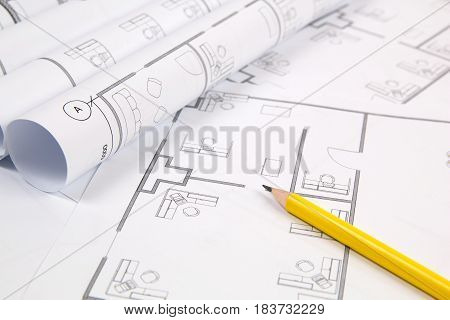 Architectural plan. Engineering house drawings pancil and blueprints.