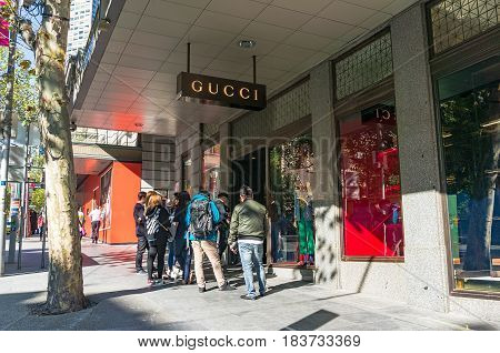 Melbourne Australia - April 03 2017: People queuing in front of Gucci store in Melbourne CBD