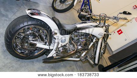 St. Petersburg Russia - 15 April, White designer motorcycle,15 April, 2017.
International Motor Show IMIS-2017 in Expoforurum.
Motorcycles and motoconcepts presented at St. Petersburg Motor Show.