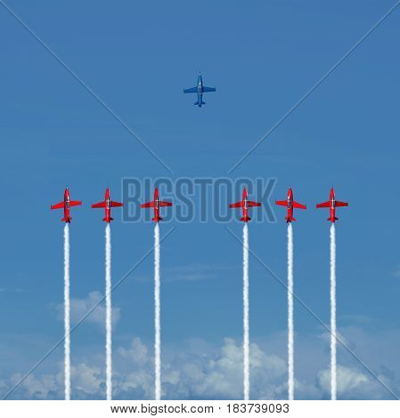 Successful behind the radar as a cunning business strategy to surpass the competition in a strategic way as a group of air shoe planes with smoke trails and an individual stealthy jet winning with 3D illustration elements.