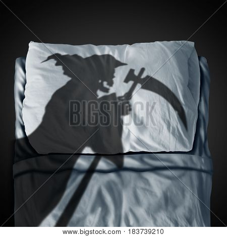 Death bed and fear of mortality concept as a grim reaper ghost casting a shadow on a pillow and sleep mattress as a medical and health fatality symbol in a 3D illustration style.