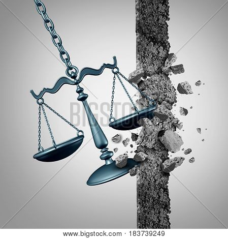 Breaking legal ground and lawyer services success symbol as a justice scale destroying a wall as a wrecking ball with 3D illustration elements.