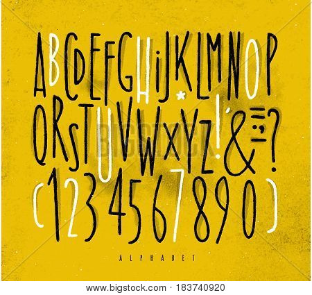 Alphabet set straight lines font in vintage style drawing with black and white lines on dirty yellow background