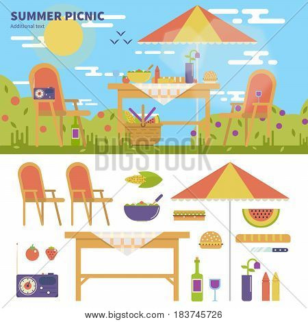 Geometric illustartion of summer picnic in the garden with flowers. Rest and weekend concept. Umbrella, table, chairs, food, fruits, wine and camera isolated on white background