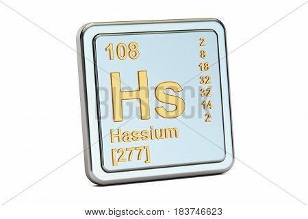 Hassium Hs chemical element sign. 3D rendering isolated on white background